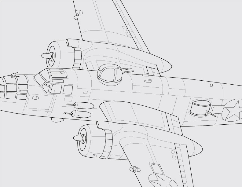 North American B-25 Mitchell “Heavenly Body”  Line Art  © Jack Suter. All rights reserved.