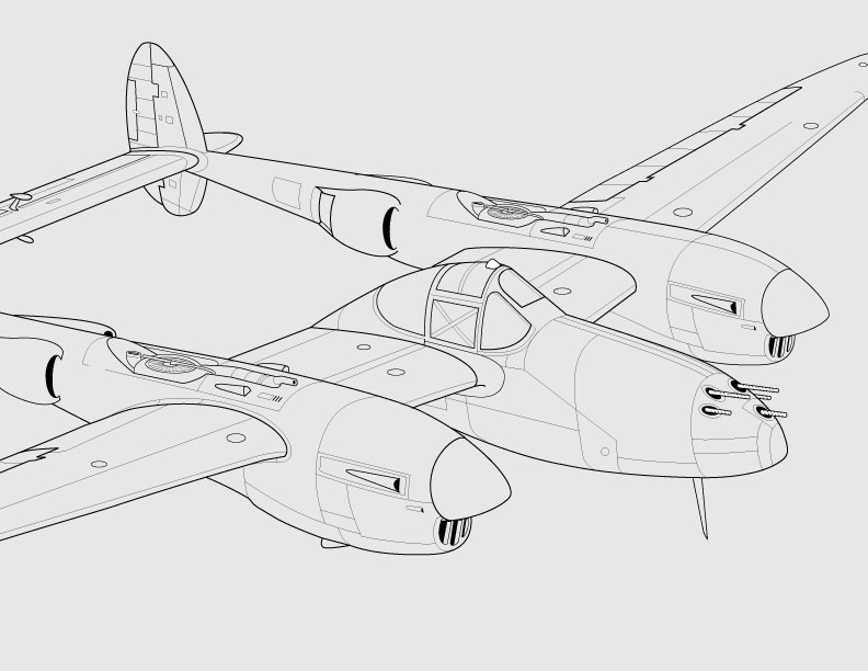 Lockheed P-38 Lightning “Joltin’ Josie” Illustration  Line Art  © Jack Suter. All rights reserved.